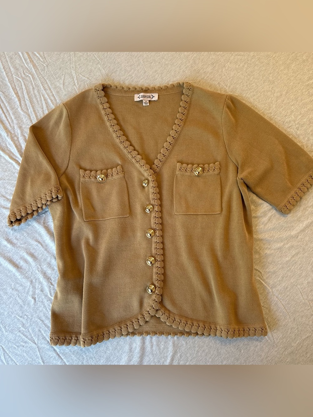 Nanette Lepore Camel Short-Sleeve Cardigan with Gold Buttons
